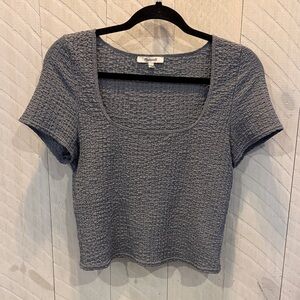 Madewell Gray Textured Stretch Deep Scoop Neck Blouse GUC (see description) L